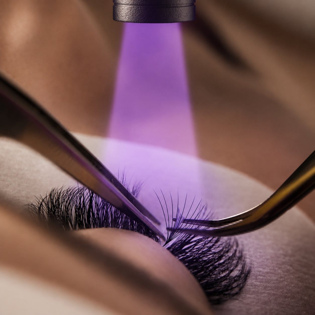 UV light curing a lash extension during a UV lash application at Sonthuy in Tucson