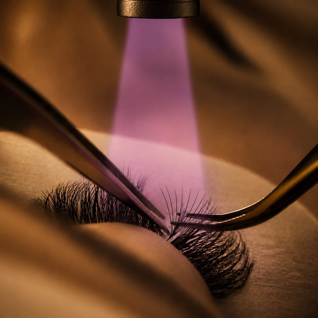 Tweezers applying lash extensions under a UV curing light
